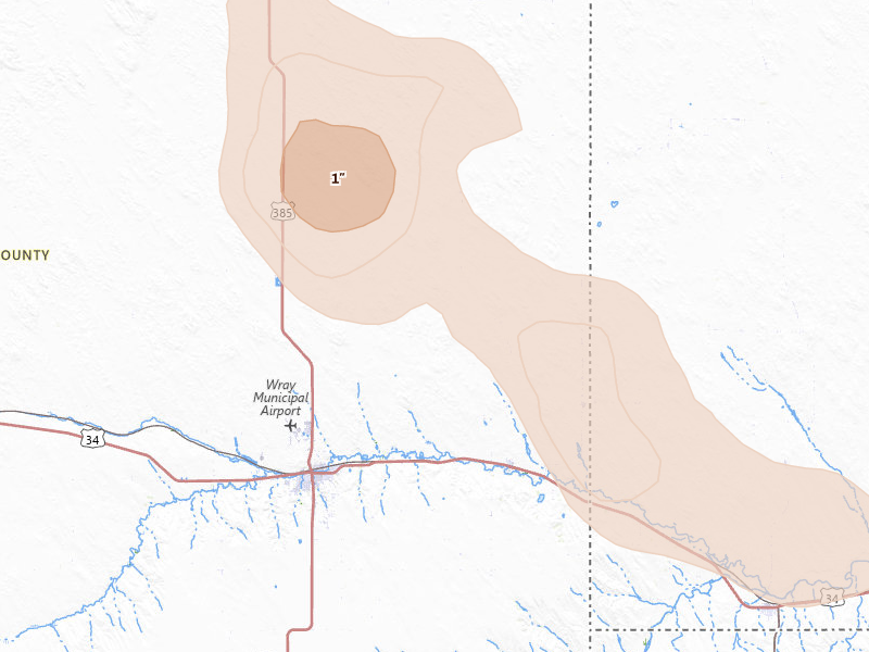 Radar-estimated hail-size map of the storm over Wray, CO on Aug 9, 2026