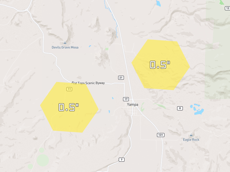 Hail map of Yampa, CO on Jul 9, 2026, hail up to 0.5"