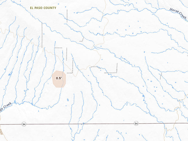 Radar-estimated hail-size map of the storm over Yoder, CO on Jun 5, 2026