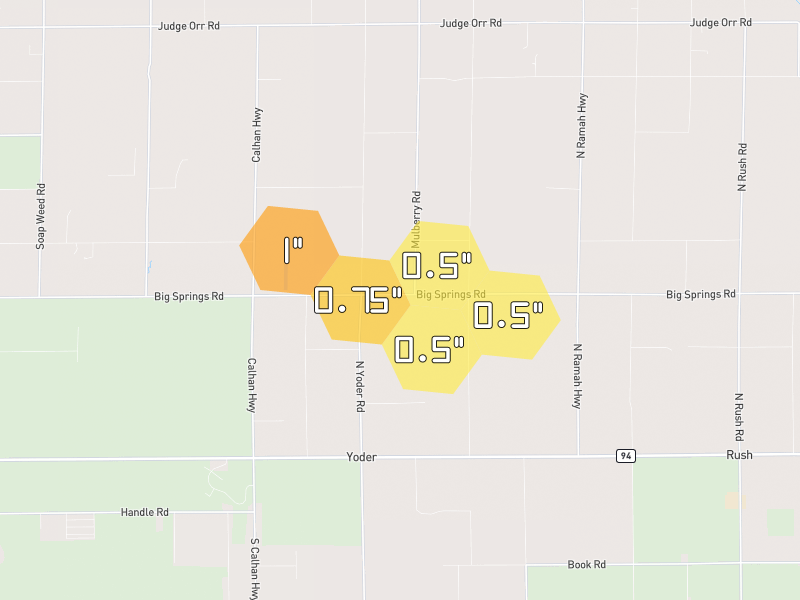 Hail map of Yoder, CO on Jun 5, 2026, hail up to 1"