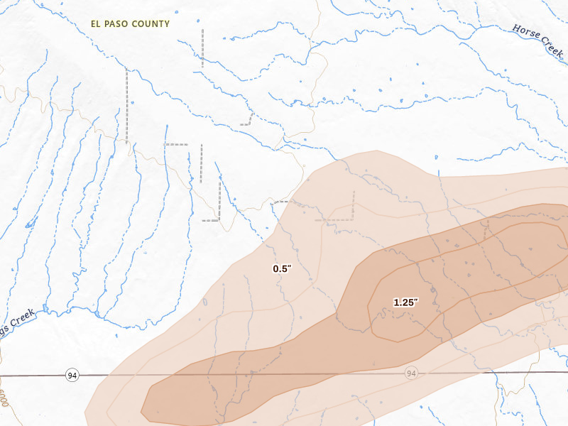 Radar-estimated hail-size map of the storm over Yoder, CO on Jun 23, 2026