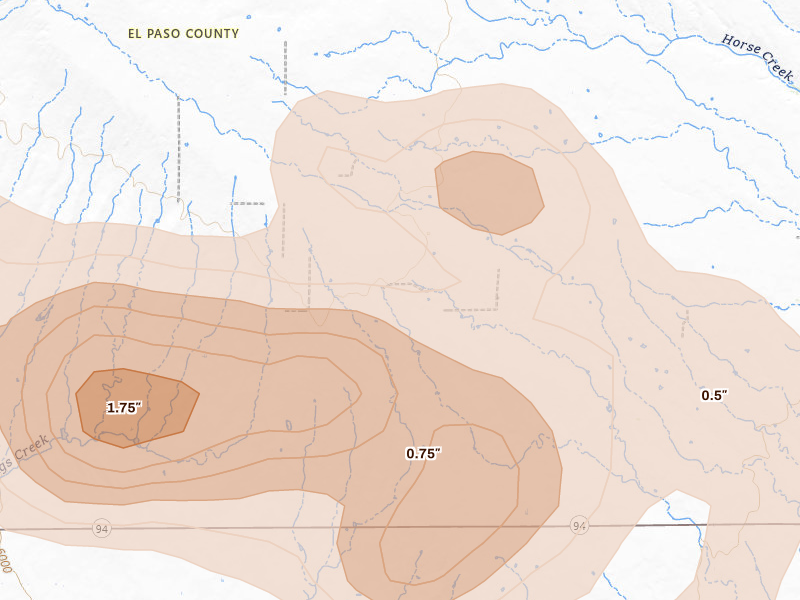 Radar-estimated hail-size map of the storm over Yoder, CO on Jul 28, 2026