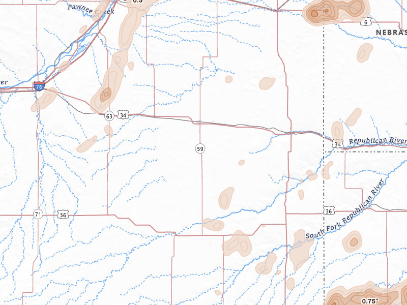 Radar-estimated hail-size map of the storm over Yuma, CO on May 16, 2026