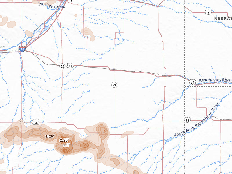 Radar-estimated hail-size map of the storm over Yuma, CO on May 21, 2026