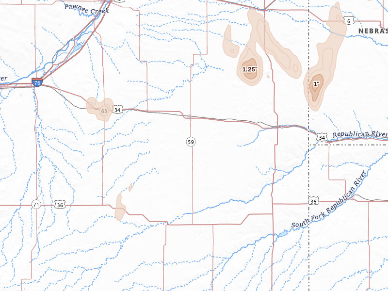Radar-estimated hail-size map of the storm over Yuma, CO on May 30, 2026