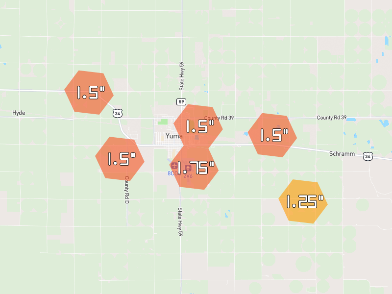 Hail map of Yuma, CO on Jun 1, 2026, hail up to 1.75"
