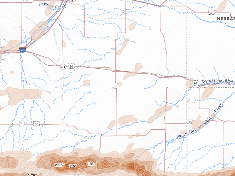 Radar-estimated hail-size map of the storm over Yuma, CO on Jun 8, 2026