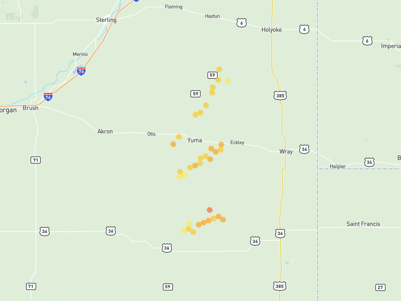 Hail map of Yuma, CO on Jun 9, 2026, hail up to 1.5"