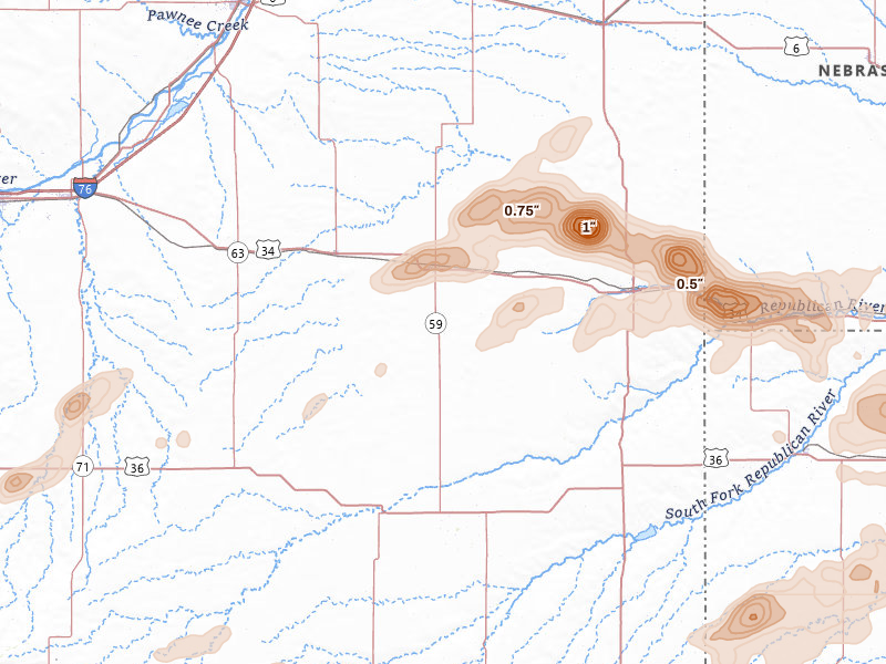 Radar-estimated hail-size map of the storm over Yuma, CO on Jun 20, 2026