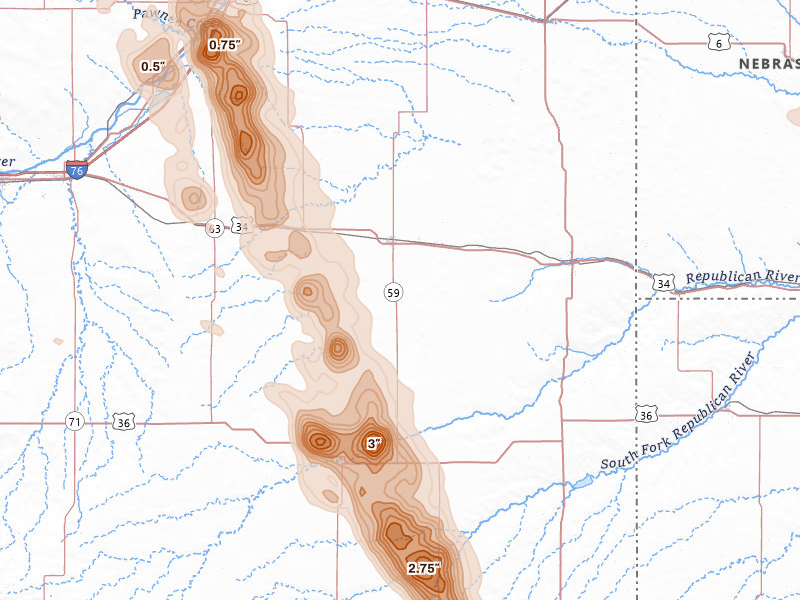 Radar-estimated hail-size map of the storm over Yuma, CO on Jun 22, 2026