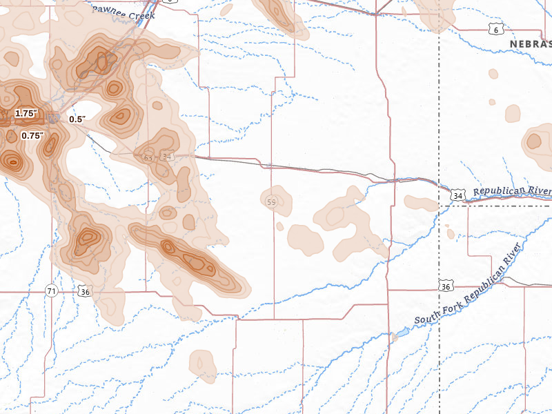 Radar-estimated hail-size map of the storm over Yuma, CO on Jun 24, 2026