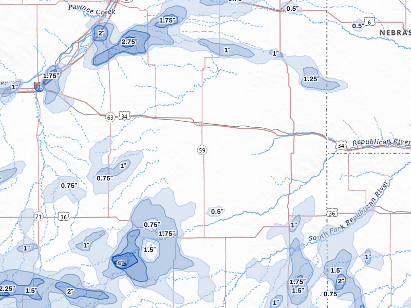 NEXRAD radar-signature map of the hail storm over Yuma, CO on Jul 3, 2026