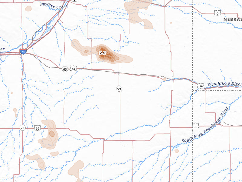 Radar-estimated hail-size map of the storm over Yuma, CO on Jul 4, 2026