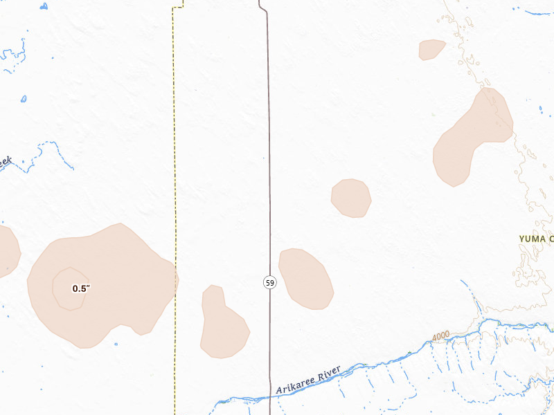 Radar-estimated hail-size map of the storm over Yuma, CO on Aug 14, 2026