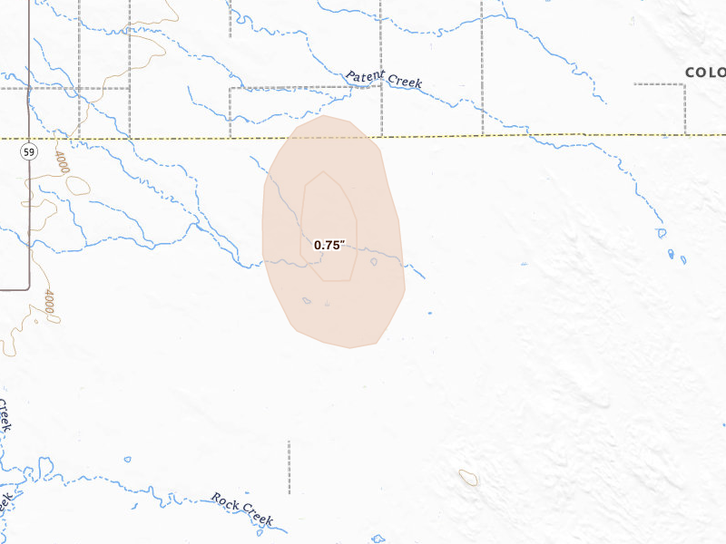 Radar-estimated hail-size map of the storm over Yuma, CO on Aug 25, 2026