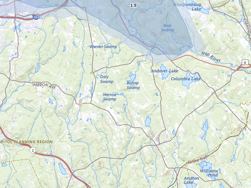 NEXRAD radar-signature map of the hail over Andover, CT