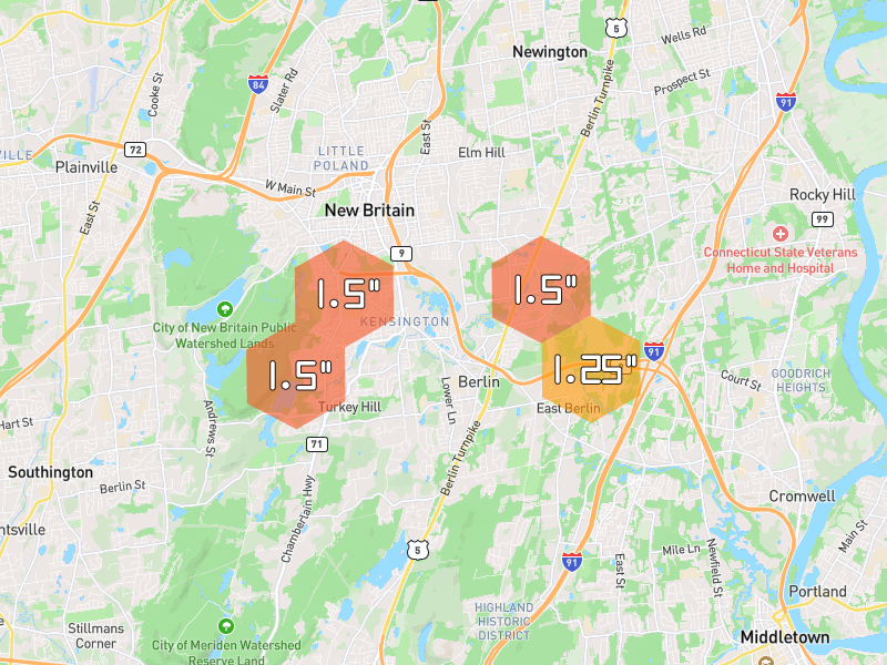Hail map of Berlin, CT on Jul 5, 2026, hail up to 1.5"