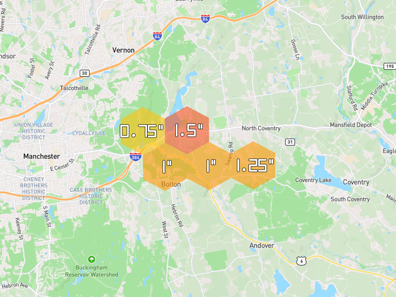 Hail map of Bolton, CT on Jul 2, 2026, hail up to 1.5"