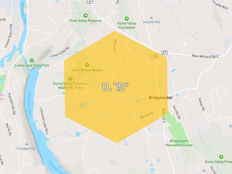 Hail map of Bridgewater, CT on Jul 5, 2026, hail up to 0.75"