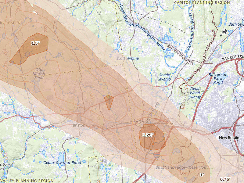Radar-estimated hail-size map of the storm over Bristol, CT on Jul 4, 2026