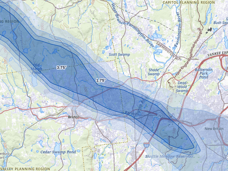 NEXRAD radar-signature map of the hail over Bristol, CT