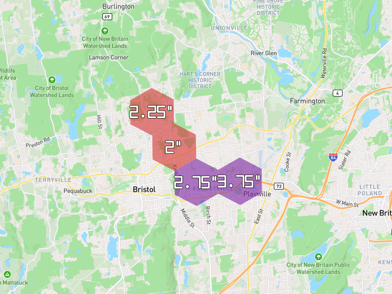 Hail map of Bristol, CT on Jul 4, 2026, hail up to 3.75"