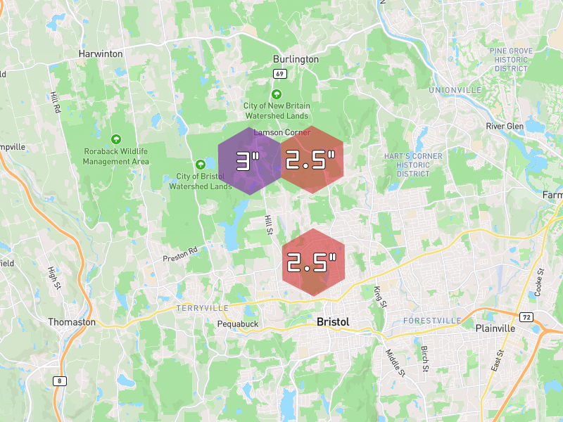 Hail map of Burlington, CT on Jul 4, 2026, hail up to 3"