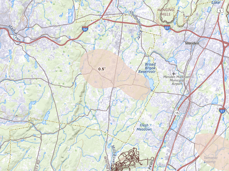 Radar-estimated hail-size map of the storm over Cheshire, CT on Jul 4, 2026