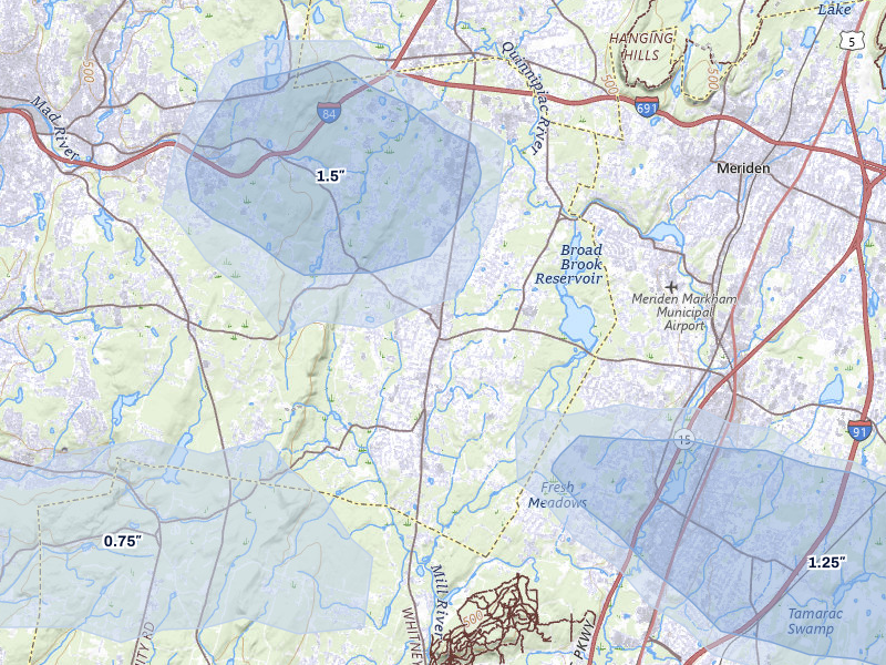 NEXRAD radar-signature map of the hail over Cheshire, CT