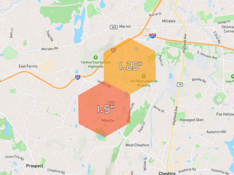 Hail map of Cheshire, CT on Jul 4, 2026, hail up to 1.5"