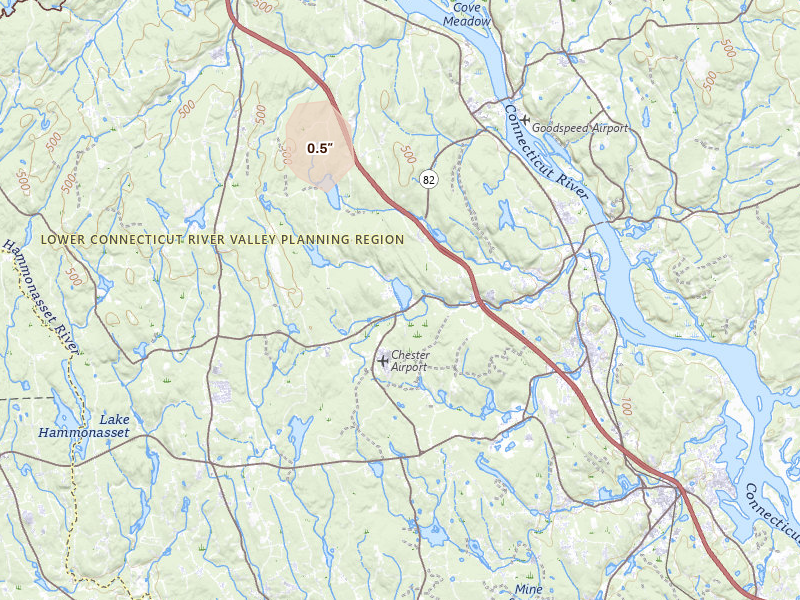 Radar-estimated hail-size map of the storm over Chester, CT on Jul 31, 2026