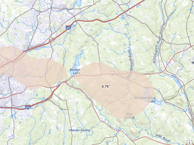 Radar-estimated hail-size map of the storm over Coventry, CT on Jul 1, 2026