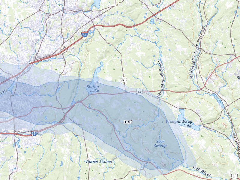 NEXRAD radar-signature map of the hail storm over Coventry, CT on Jul 1, 2026