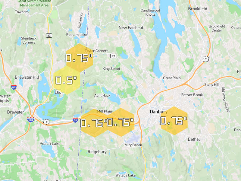 Hail map of Danbury, CT on Jul 21, 2026, hail up to 0.75"