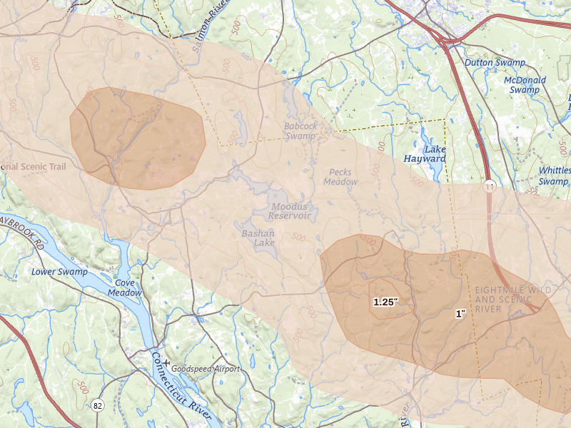 Radar-estimated hail-size map of the storm over East Haddam, CT on Jul 4, 2026