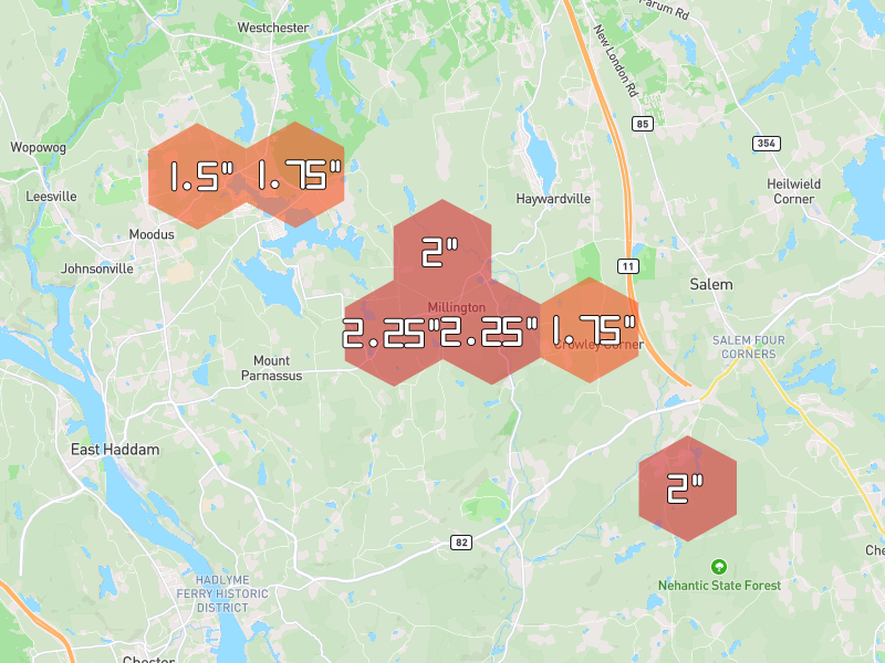 Hail map of East Haddam, CT on Jul 5, 2026, hail up to 2.25"
