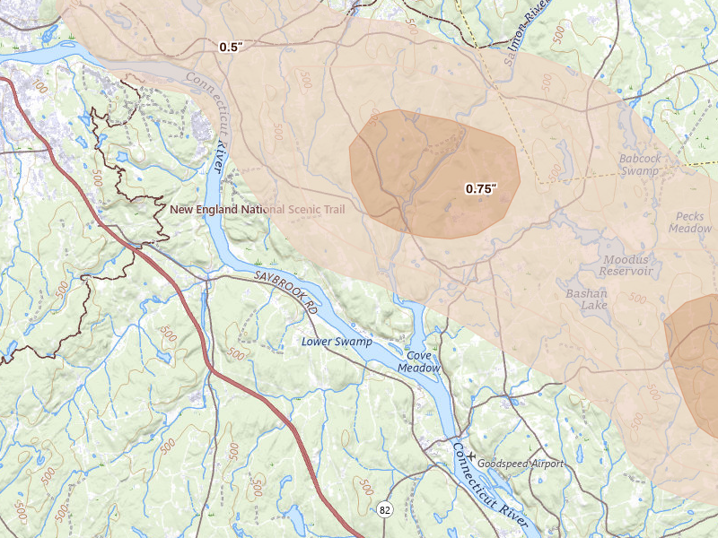 Radar-estimated hail-size map of the storm over East Hampton, CT on Jul 4, 2026
