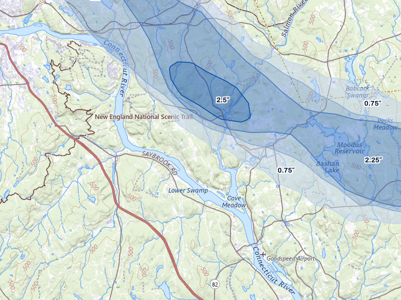 NEXRAD radar-signature map of the hail over East Hampton, CT