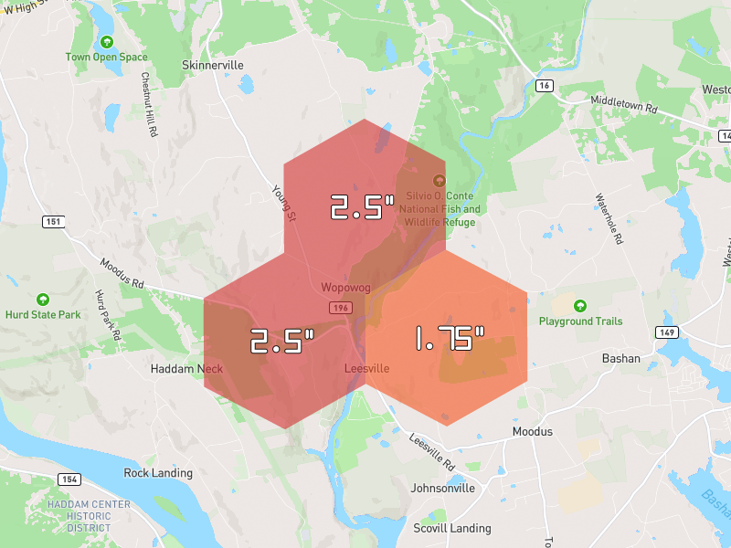Hail map of East Hampton, CT on Jul 5, 2026, hail up to 2.5"