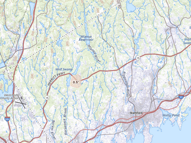 Radar-estimated hail-size map of the storm over Greenwich, CT on Aug 7, 2026