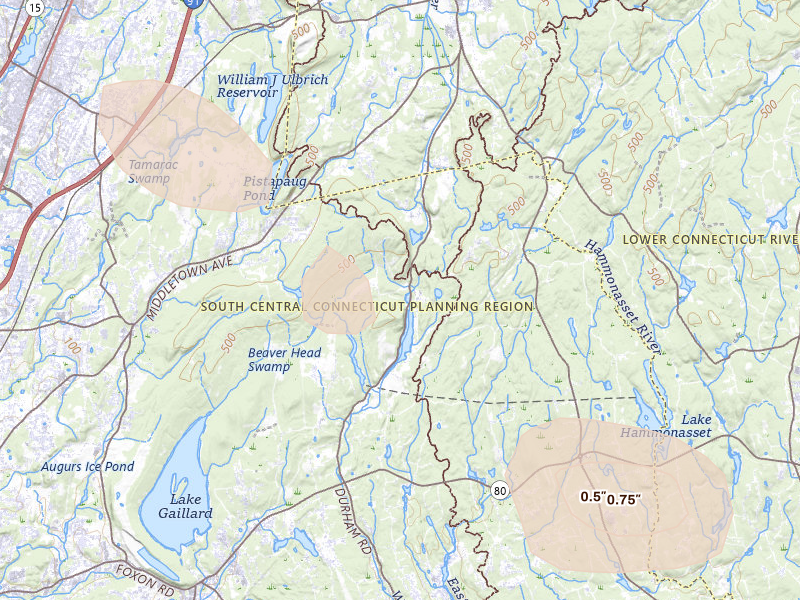 Radar-estimated hail-size map of the storm over Guilford, CT on Jul 4, 2026