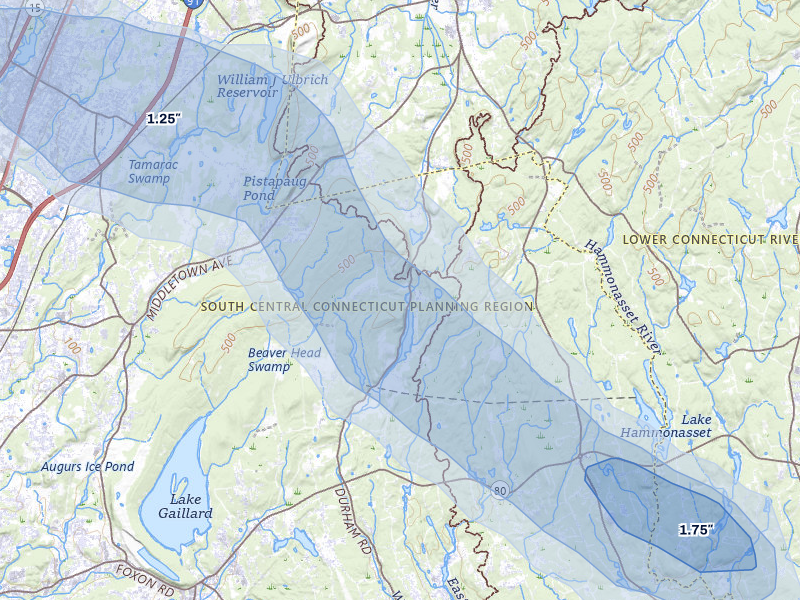 NEXRAD radar-signature map of the hail over Guilford, CT