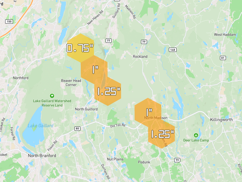 Hail map of Guilford, CT on Jul 4, 2026, hail up to 1.25"