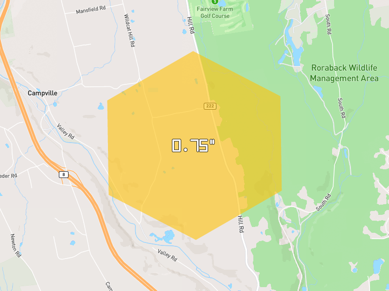 Hail map of Harwinton, CT on Jun 6, 2026, hail up to 0.75"
