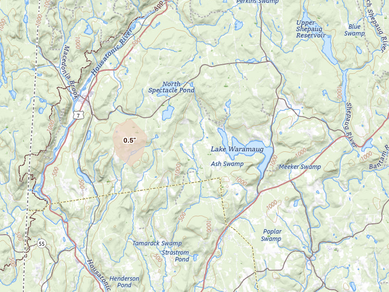 Radar-estimated hail-size map of the storm over Kent, CT on Jun 30, 2026