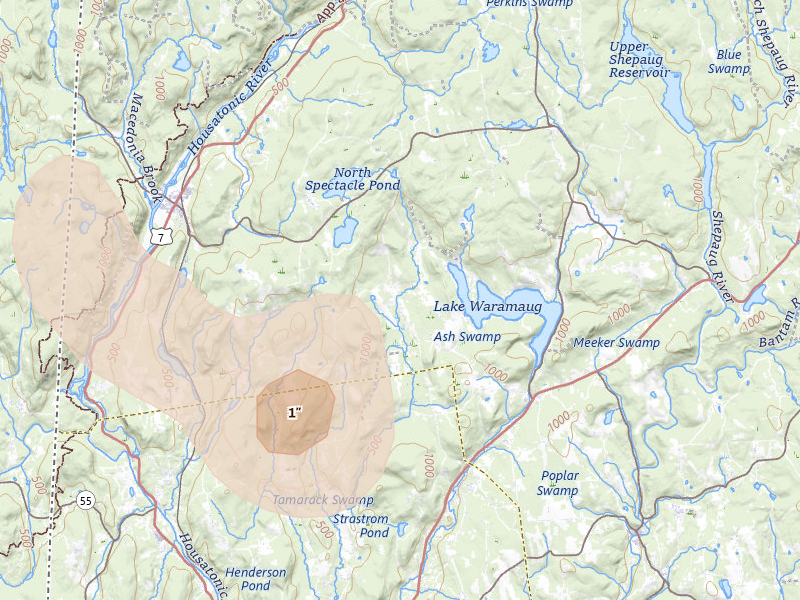 Radar-estimated hail-size map of the storm over Kent, CT on Jul 27, 2026