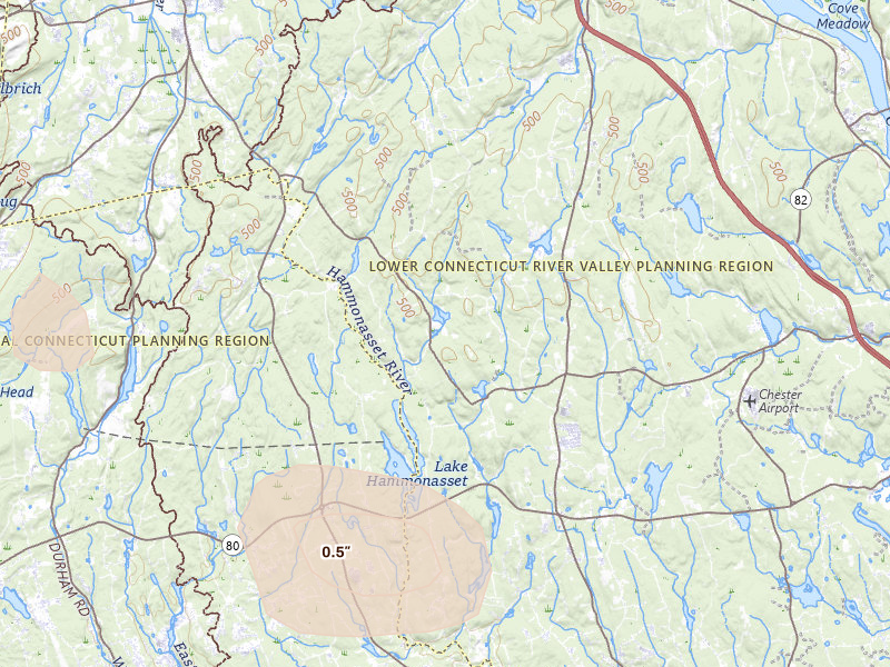 Radar-estimated hail-size map of the storm over Killingworth, CT on Jul 4, 2026