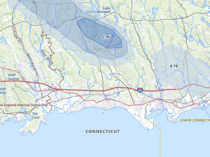 NEXRAD radar-signature map of the hail over Madison, CT