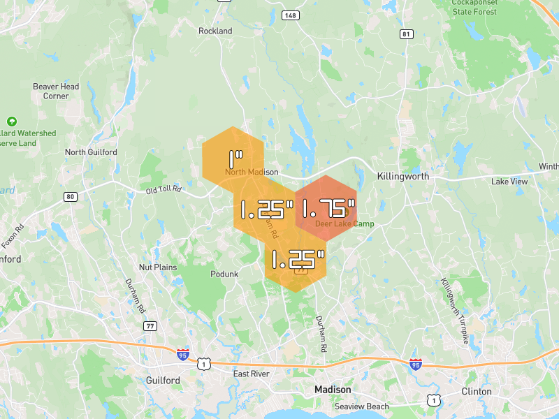Hail map of Madison, CT on Jul 4, 2026, hail up to 1.75"
