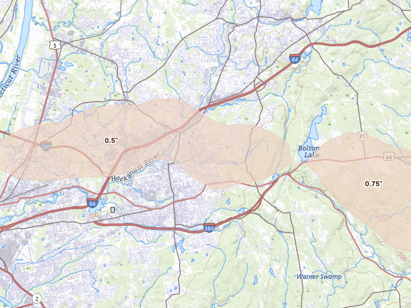 Radar-estimated hail-size map of the storm over Manchester, CT on Jul 1, 2026